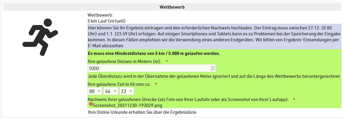 Screenshot der Webseite zum Eintragen des Ergebnisses und Hochalden des Nachweises.