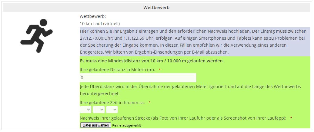 Screenshot der Webseite zum Eintragen des Ergebnisses und Hochalden des Nachweises.